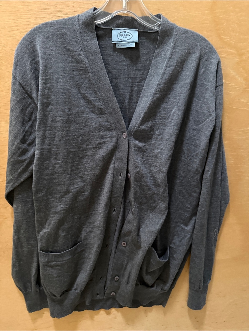 Prada Dark Gray V-Neck Button Cardigan Soft Wool Blend will fit M